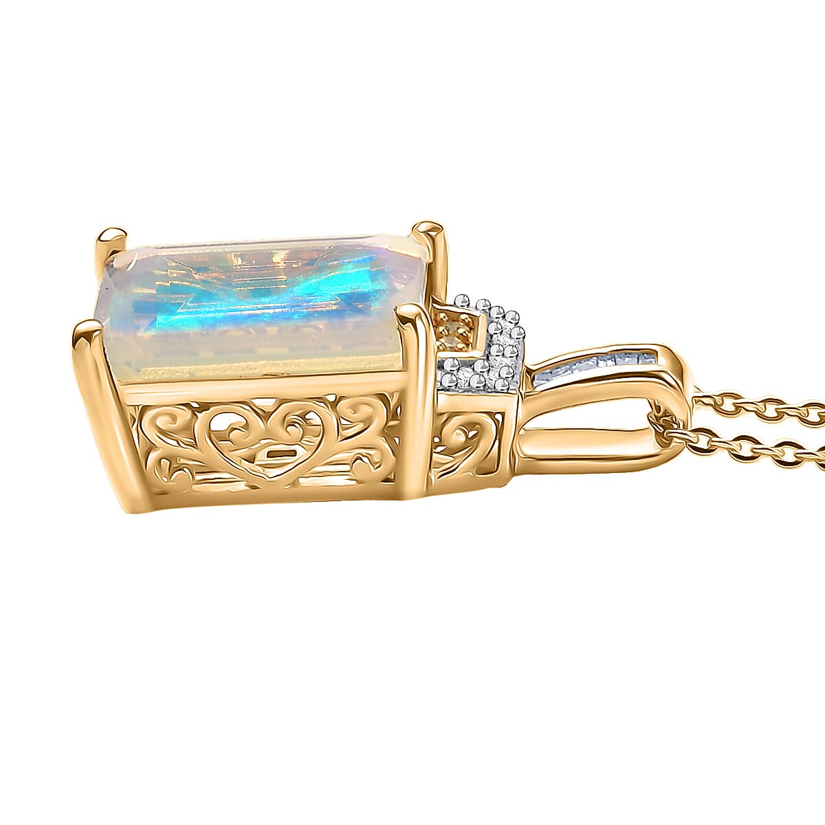 D'Joy Premium Ethiopian Welo Opal, Natural Yellow and White Diamond 2.30 ctw Art Deco Pendant Necklace in 18K Vermeil Yellow Gold Over Sterling Silver 20 Inches image number 3
