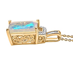D'Joy Ethiopian Welo Opal, Natural Yellow and White Diamond Art Deco Pendant Necklace in 18K Vermeil YG Over Sterling Silver 2.30 ctw (20 Inches)
