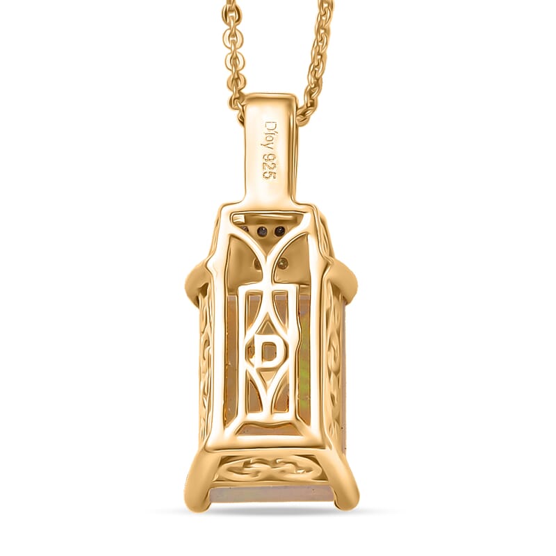 D'Joy Ethiopian Welo Opal, Natural Yellow and White Diamond Art Deco Pendant Necklace in 18K Vermeil YG Over Sterling Silver 2.30 ctw (20 Inches)