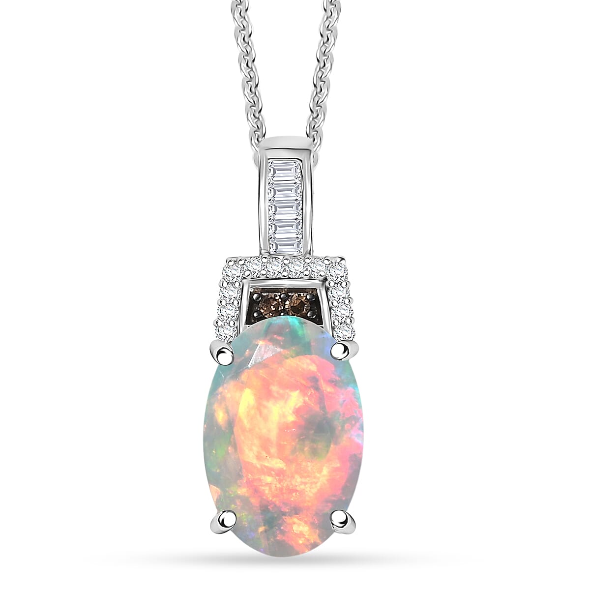 Doorbuster D'Joy Premium Ethiopian Welo Opal, Natural Champagne and White Diamond 2.10 ctw Art Deco Pendant Necklace in Rhodium Over Sterling Silver 20 Inches image number 0
