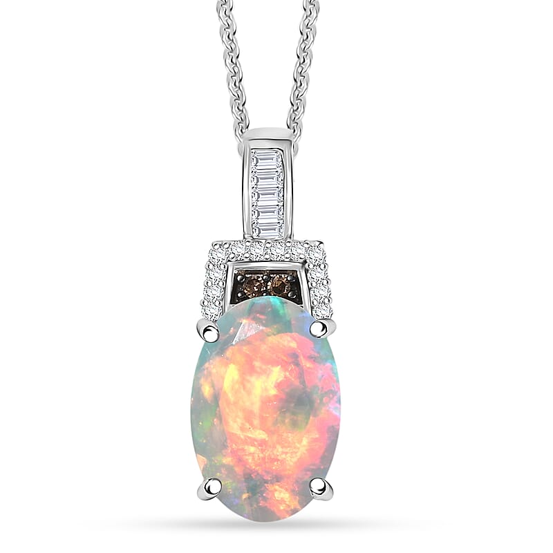 D'Joy Premium Ethiopian Welo Opal, Natural Champagne and White Diamond I3 2.10 ctw Art Deco Pendant Necklace in Rhodium Over Sterling Silver 20 Inches