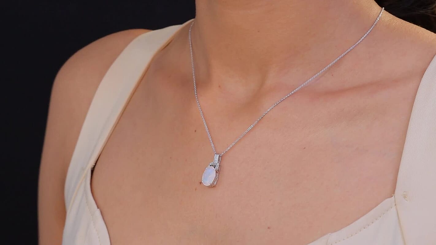 D'Joy Premium Ethiopian Welo Opal, Natural Champagne and White Diamond Pendant Necklace (20 Inches) in Rhodium Over Sterling Silver 2.10 ctw
