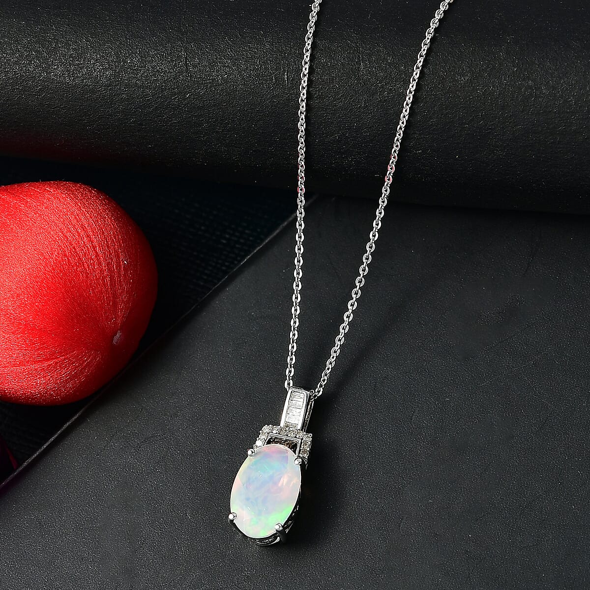 Doorbuster D'Joy Premium Ethiopian Welo Opal, Natural Champagne and White Diamond 2.10 ctw Art Deco Pendant Necklace in Rhodium Over Sterling Silver 20 Inches image number 1