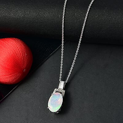 D'Joy Premium Ethiopian Welo Opal, Natural Champagne and White Diamond I3 2.10 ctw Art Deco Pendant Necklace in Rhodium Over Sterling Silver 20 Inches
