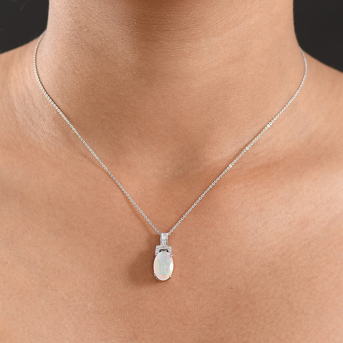 Doorbuster D'Joy Premium Ethiopian Welo Opal, Natural Champagne and White Diamond 2.10 ctw Art Deco Pendant Necklace in Rhodium Over Sterling Silver 20 Inches image number 2