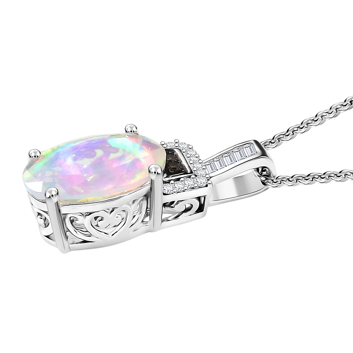 Doorbuster D'Joy Premium Ethiopian Welo Opal, Natural Champagne and White Diamond 2.10 ctw Art Deco Pendant Necklace in Rhodium Over Sterling Silver 20 Inches image number 3