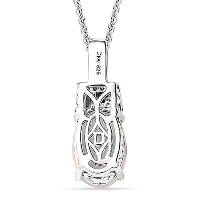 D'Joy Premium Ethiopian Welo Opal, Natural Champagne and White Diamond I3 2.10 ctw Art Deco Pendant Necklace in Rhodium Over Sterling Silver 20 Inches
