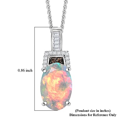 D'Joy Premium Ethiopian Welo Opal, Natural Champagne and White Diamond I3 2.10 ctw Art Deco Pendant Necklace in Rhodium Over Sterling Silver 20 Inches