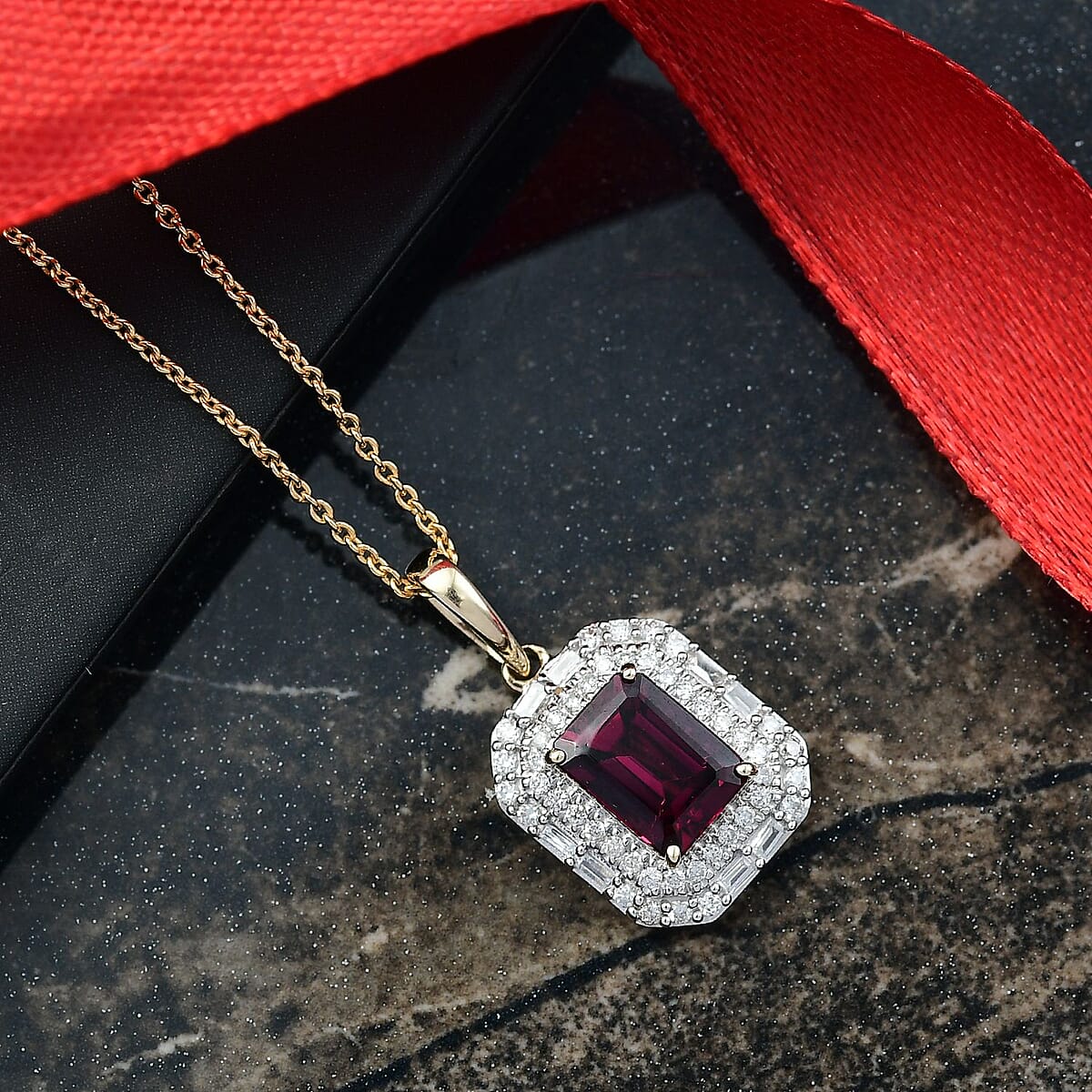 Luxoro AAA Radiant Ember Garnet and G-H I2 Diamond 2.30 ctw Art Deco Pendant Necklace in 10K Yellow Gold 20 Inches image number 1
