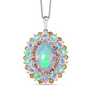 D'Joy Premium Ethiopian Welo Opal, Yellow and Pink Sapphire 6.25 ctw Pendant Necklace in 18K Vermeil YG and Rhodium Over Sterling Silver 20 Inches