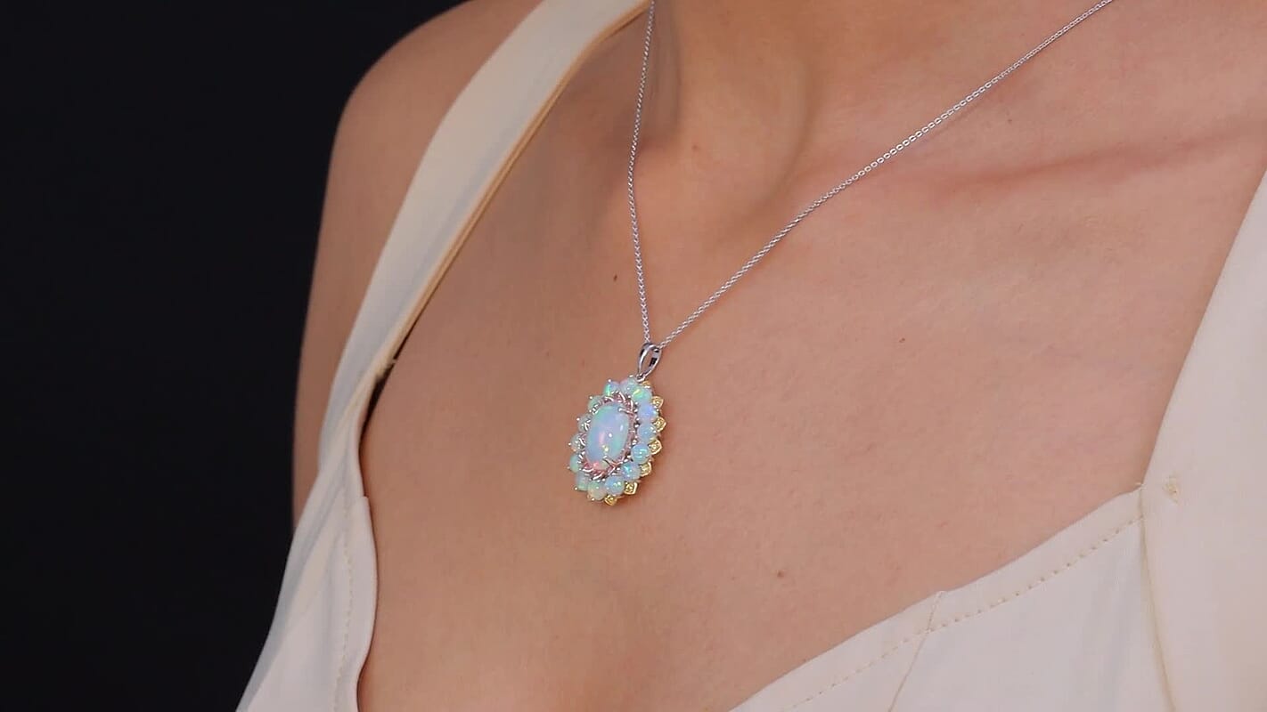 D'Joy Premium Ethiopian Welo Opal, Yellow and Pink Sapphire 6.25 ctw Pendant Necklace in 18K Vermeil YG and Rhodium Over Sterling Silver 20 Inches