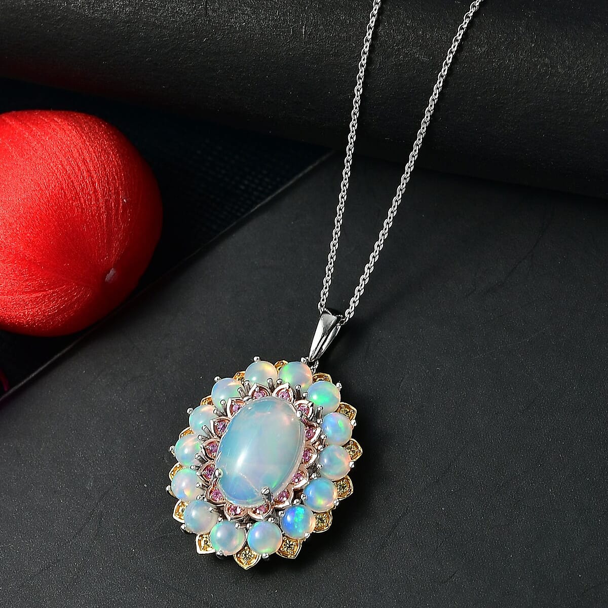 D'Joy Premium Ethiopian Welo Opal, Yellow and Pink Sapphire 6.25 ctw Pendant Necklace in 18K Vermeil YG and Rhodium Over Sterling Silver 20 Inches image number 1