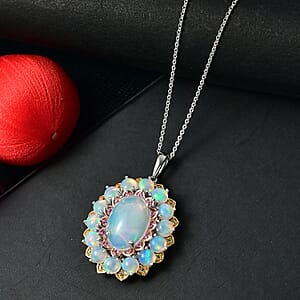 D'Joy Premium Ethiopian Welo Opal, Yellow and Pink Sapphire 6.25 ctw Pendant Necklace in 18K Vermeil YG and Rhodium Over Sterling Silver 20 Inches