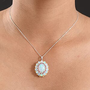 D'Joy Premium Ethiopian Welo Opal, Yellow and Pink Sapphire 6.25 ctw Pendant Necklace in 18K Vermeil YG and Rhodium Over Sterling Silver 20 Inches