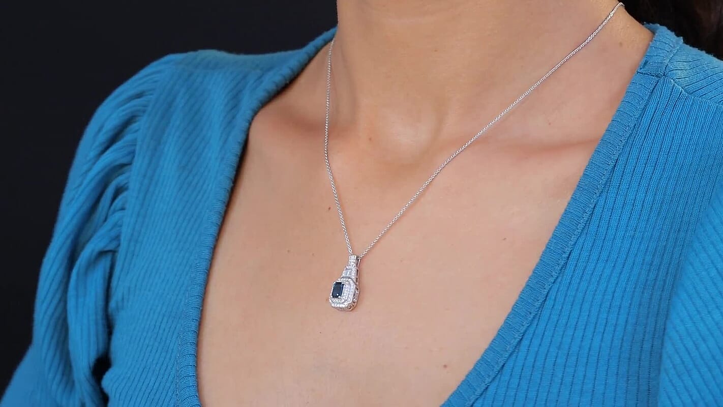 D'Joy AAA Monte Belo Indicolite and Moissanite 1.10 ctw Art Deco Pendant Necklace in Rhodium Over Sterling Silver 20 Inches