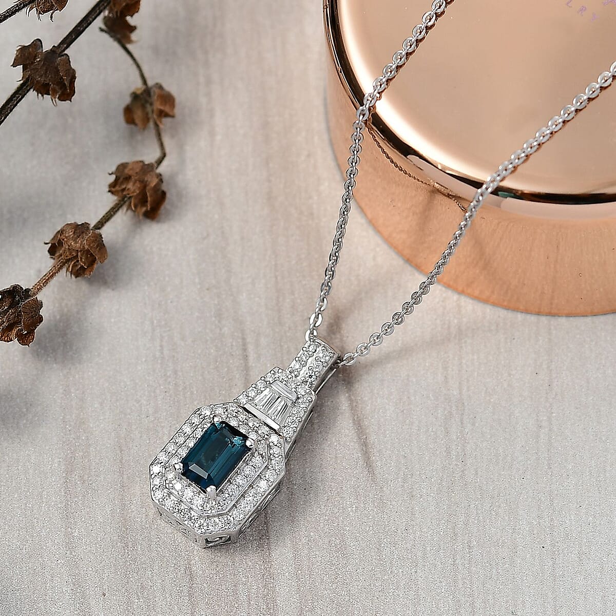 D'Joy AAA Monte Belo Indicolite and Moissanite 1.10 ctw Art Deco Pendant Necklace in Rhodium Over Sterling Silver 20 Inches image number 1