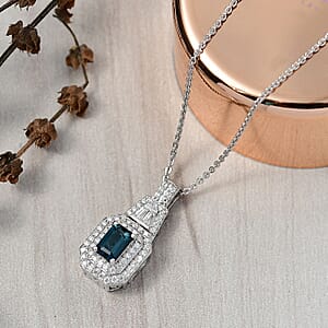 D'Joy AAA Monte Belo Indicolite and Moissanite 1.10 ctw Art Deco Pendant Necklace in Rhodium Over Sterling Silver 20 Inches
