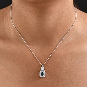 D'Joy AAA Monte Belo Indicolite and Moissanite 1.10 ctw Art Deco Pendant Necklace in Rhodium Over Sterling Silver 20 Inches