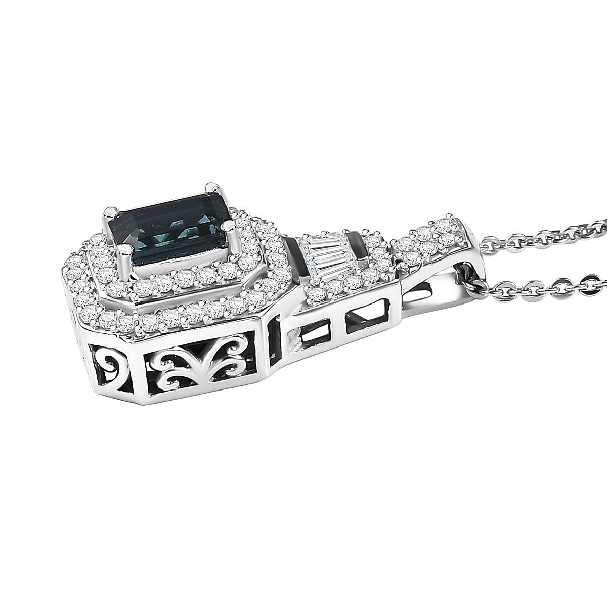 D'Joy AAA Monte Belo Indicolite and Moissanite 1.10 ctw Art Deco Pendant Necklace in Rhodium Over Sterling Silver 20 Inches image number 3