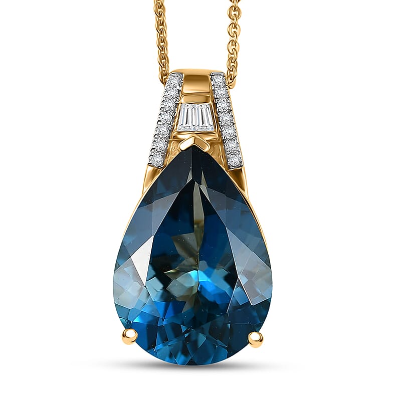  D'Joy Certified London Blue Topaz and Moissanite 13.10 ctw Midnight Elegance Pendant Necklace in 18K Vermeil Yellow Gold Over Sterling Silver 20 Inches