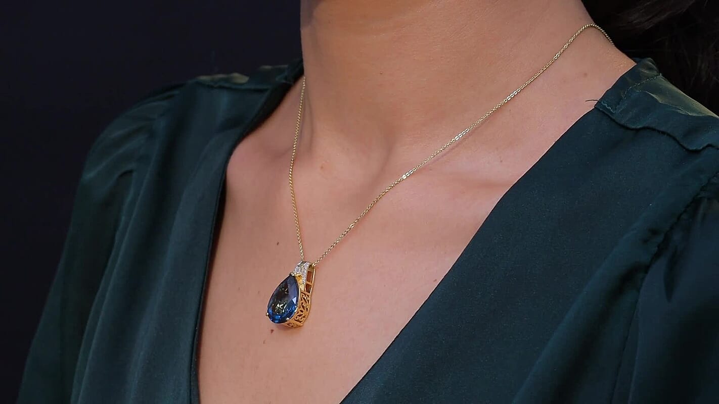 D'Joy London Blue Topaz, Moissanite Midnight Elegance Pendant Necklace (20 Inches) in 18K Vermeil YG Over Sterling Silver 11.90 ctw