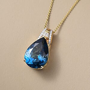  D'Joy London Blue Topaz and Moissanite 11.90 ctw Midnight Elegance Pendant Necklace in 18K Vermeil Yellow Gold Over Sterling Silver 20 Inches