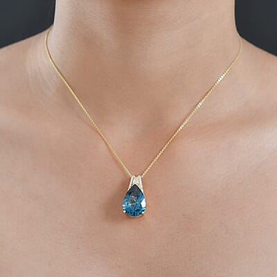  D'Joy Certified London Blue Topaz and Moissanite 13.10 ctw Midnight Elegance Pendant Necklace in 18K Vermeil Yellow Gold Over Sterling Silver 20 Inches