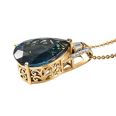  D'Joy Certified London Blue Topaz and Moissanite 13.10 ctw Midnight Elegance Pendant Necklace in 18K Vermeil Yellow Gold Over Sterling Silver 20 Inches