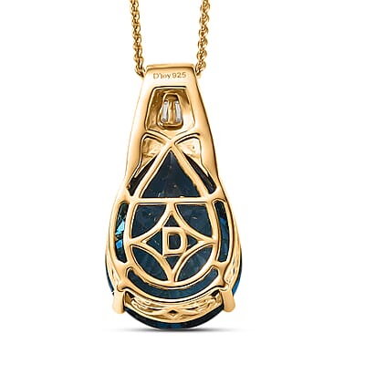  D'Joy Certified London Blue Topaz and Moissanite 13.10 ctw Midnight Elegance Pendant Necklace in 18K Vermeil Yellow Gold Over Sterling Silver 20 Inches