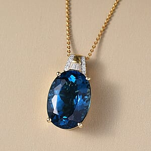  D'Joy Certified London Blue Topaz and Moissanite 16.35 ctw Midnight Elegance Pendant Necklace in 18K Vermeil Yellow Gold Over Sterling Silver 20 Inches