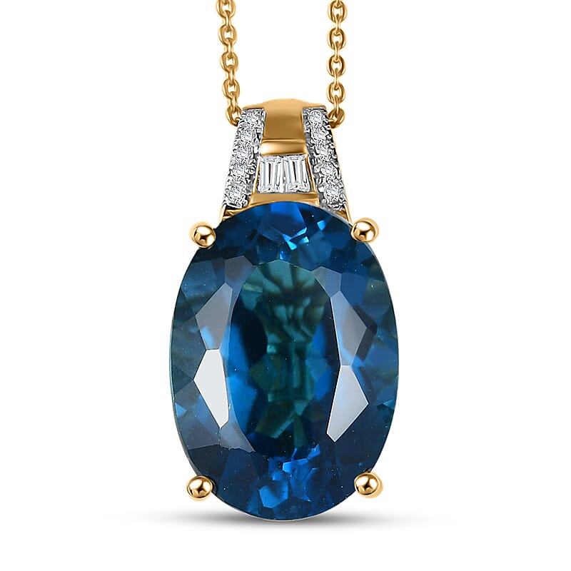 D'Joy Certified London Blue Topaz and Moissanite 17.75 ctw Midnight Elegance Pendant Necklace in 18K Vermeil Yellow Gold Over Sterling Silver 20 Inches