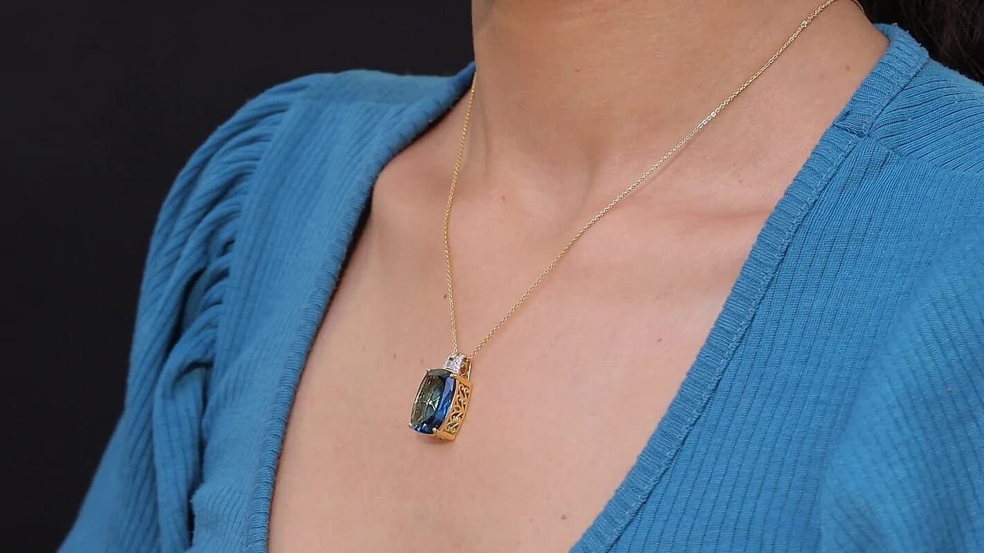 D'Joy London Blue Topaz, Moissanite Midnight Elegance Pendant Necklace (20 Inches) in 18K Vermeil YG Over Sterling Silver 11.90 ctw