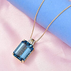 Doorbuster D'Joy London Blue Topaz and Moissanite 19.20 ctw Midnight Elegance Pendant Necklace in 18K Vermeil Yellow Gold Over Sterling Silver 20 Inches