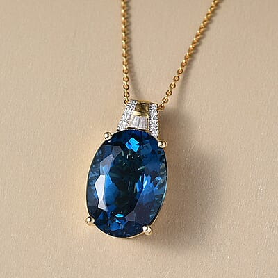  D'Joy London Blue Topaz and Moissanite 19.20 ctw Midnight Elegance Pendant Necklace in 18K Vermeil Yellow Gold Over Sterling Silver 20 Inches