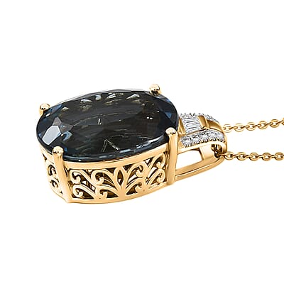 D'Joy London Blue Topaz and Moissanite 19.20 ctw Midnight Elegance Pendant Necklace in 18K Vermeil Yellow Gold Over Sterling Silver 20 Inches