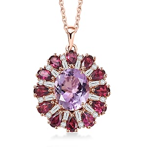 EverTrue Rose De France Amethyst and Multi Gemstone 8.60 ctw Twilight Bloom Pendant in 18K RG Plated with ION Plated RG Stainless Steel Necklace 20 Inches