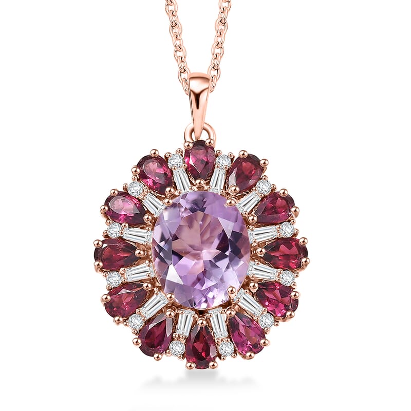EverTrue Rose De France Amethyst and Multi Gemstone 8.60 ctw Twilight Bloom Pendant in 18K RG Plated with ION Plated RG Stainless Steel Necklace 20 Inches