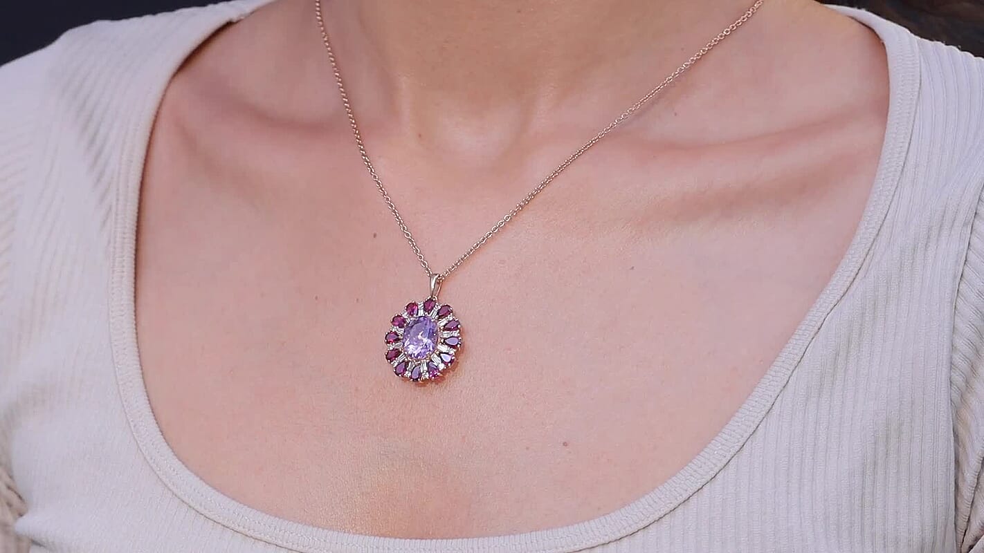 EverTrue Rose De France Amethyst and Multi Gemstone 8.60 ctw Twilight Bloom Pendant in 18K RG Plated with ION Plated RG Stainless Steel Necklace 20 Inches