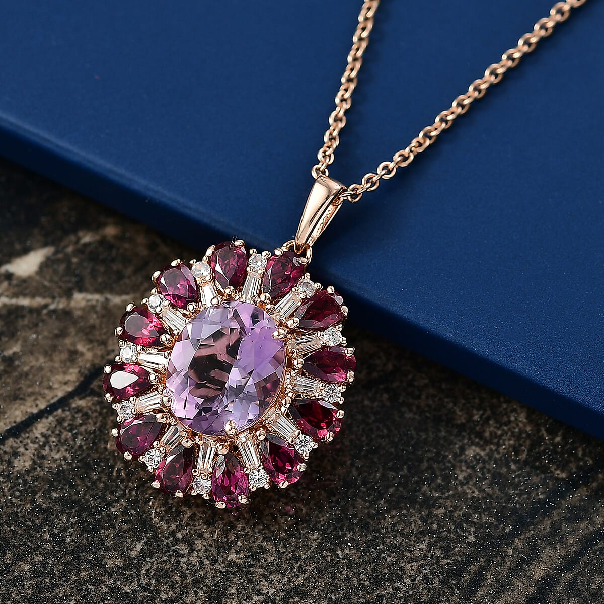 EverTrue Rose De France Amethyst and Multi Gemstone 8.60 ctw Twilight Bloom Pendant in 18K RG Plated with ION Plated RG Stainless Steel Necklace 20 Inches image number 1