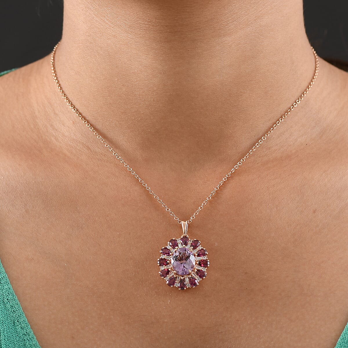 EverTrue Rose De France Amethyst and Multi Gemstone 8.60 ctw Twilight Bloom Pendant in 18K RG Plated with ION Plated RG Stainless Steel Necklace 20 Inches image number 2