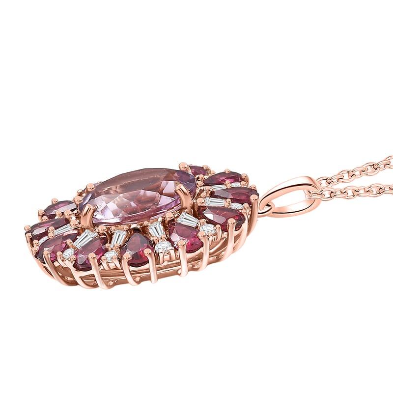 EverTrue Rose De France Amethyst and Multi Gemstone 8.60 ctw Twilight Bloom Pendant in 18K RG Plated with ION Plated RG Stainless Steel Necklace 20 Inches
