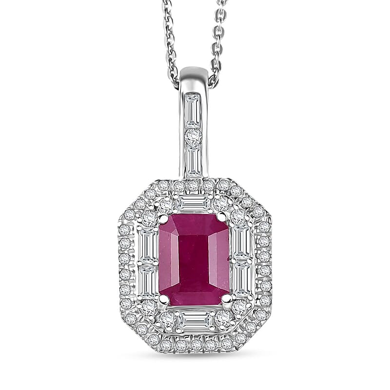  D'Joy Premium Royal Ruby and Moissanite 3.25 ctw Art Deco Pendant Necklace in Rhodium Over Sterling Silver 20 Inches
