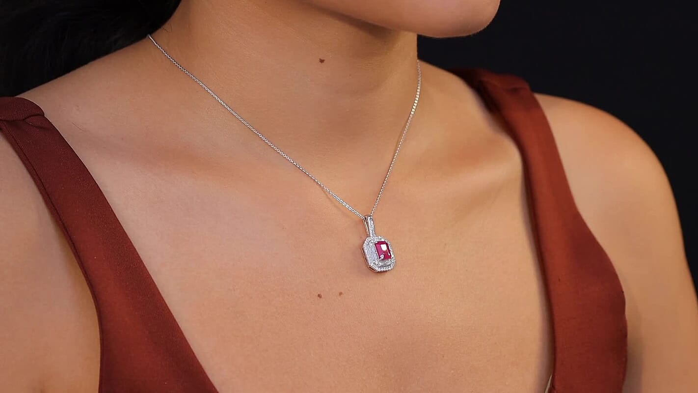 D'Joy Premium Royal Ruby, Moissanite Pendant Necklace (20 Inches) in Rhodium Over Sterling Silver 3.65 ctw