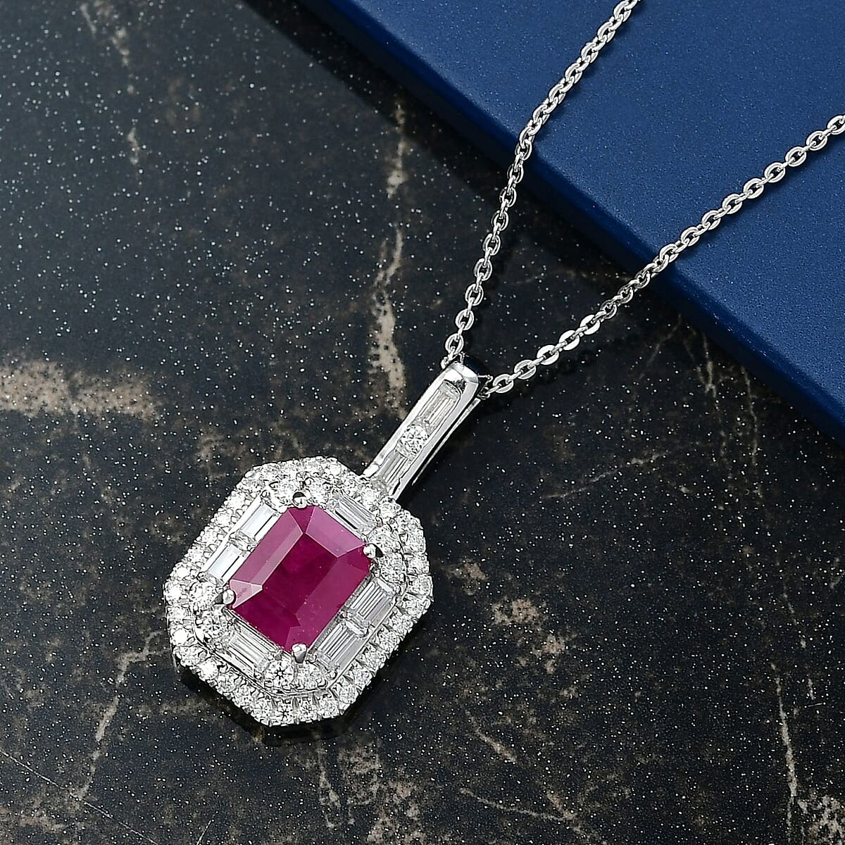 Doorbuster D'Joy Premium Royal Ruby and Moissanite 3.25 ctw Art Deco Pendant Necklace in Rhodium Over Sterling Silver 20 Inches image number 1