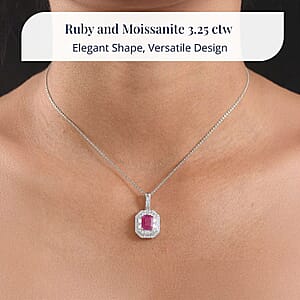 Doorbuster D'Joy Premium Royal Ruby and Moissanite 3.25 ctw Art Deco Pendant Necklace in Rhodium Over Sterling Silver 20 Inches