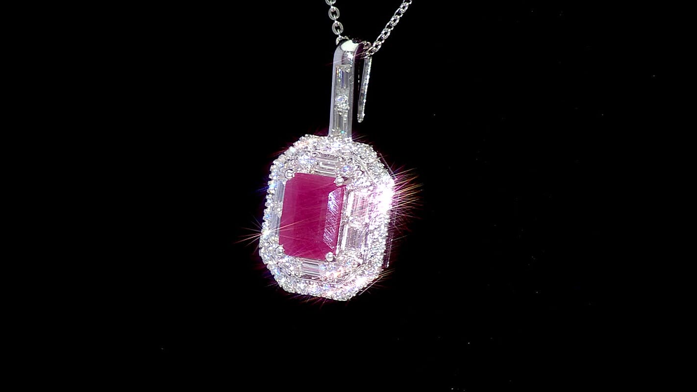 D'Joy Premium Royal Ruby, Moissanite Pendant Necklace (20 Inches) in Rhodium Over Sterling Silver 3.65 ctw