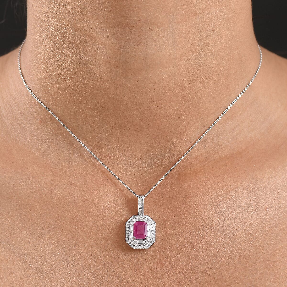 Doorbuster D'Joy Premium Royal Ruby and Moissanite 3.25 ctw Art Deco Pendant Necklace in Rhodium Over Sterling Silver 20 Inches image number 2