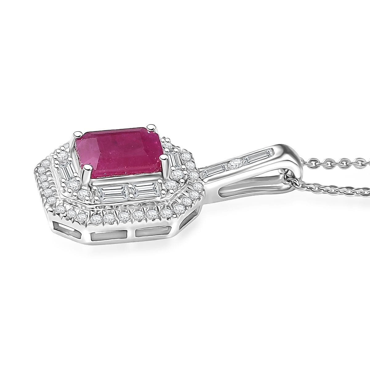 Doorbuster D'Joy Premium Royal Ruby and Moissanite 3.25 ctw Art Deco Pendant Necklace in Rhodium Over Sterling Silver 20 Inches image number 3