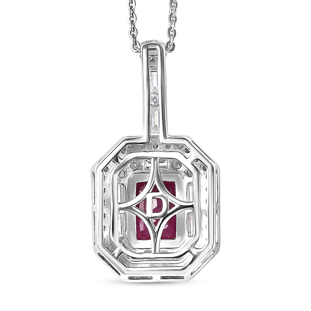 Doorbuster D'Joy Premium Royal Ruby and Moissanite 3.25 ctw Art Deco Pendant Necklace in Rhodium Over Sterling Silver 20 Inches image number 4