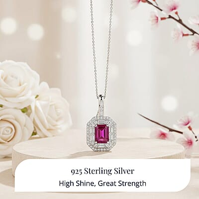  D'Joy Premium Royal Ruby and Moissanite 3.25 ctw Art Deco Pendant Necklace in Rhodium Over Sterling Silver 20 Inches